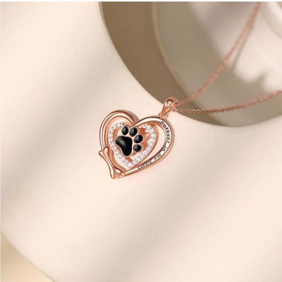 14k Gold Heart Diamond Paw Print Dog Bone Necklace - Picture 2 of 11
